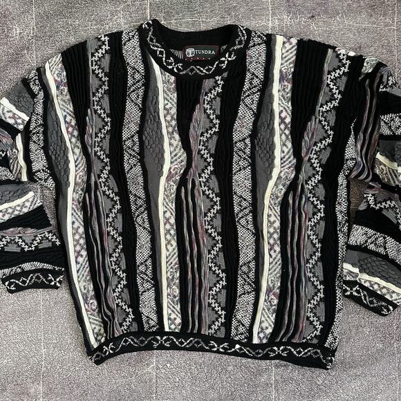 Men's Vintage 90's Tundra Black Purple Textured Coogi Like Crewneck Sweater Sz L - Picture 1 of 4